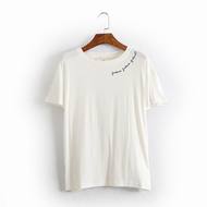 Mùa hè Hàn Quốc phụ nữ ngắn tay mỏng cổ tròn màu rắn thêu thư T-Shirt hoang dã đáy áo sơ mi G36 áo phông trắng