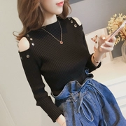 Áo len dệt kim nữ dài tay mùa thu 2018 Áo len mới Joker Thin phần Heartless Shoulder Fall bottom Leaking Shoulder Tops Women