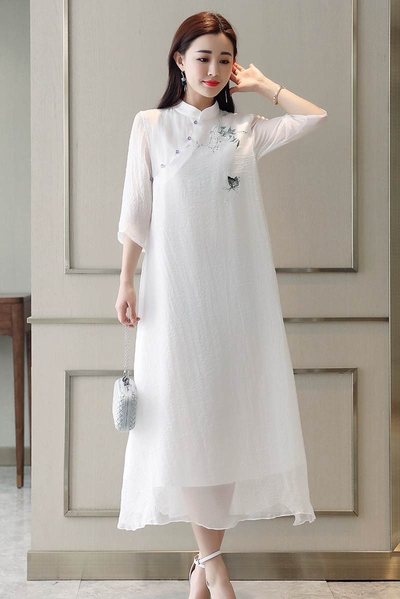 Mùa xuân và mùa hè 2021 phong cách Trung Quốc mới cải tiến váy sườn xám váy phong cách dân tộc trà Zen văn học và nghệ thuật váy mùa hè của phụ nữ - Váy dài