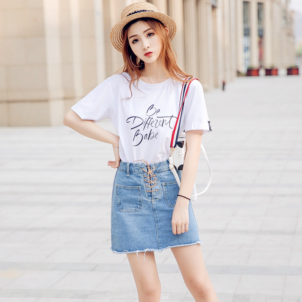 实拍2018夏季新款短裙时尚套装女清新牛仔半身裙 宽松t恤两件套