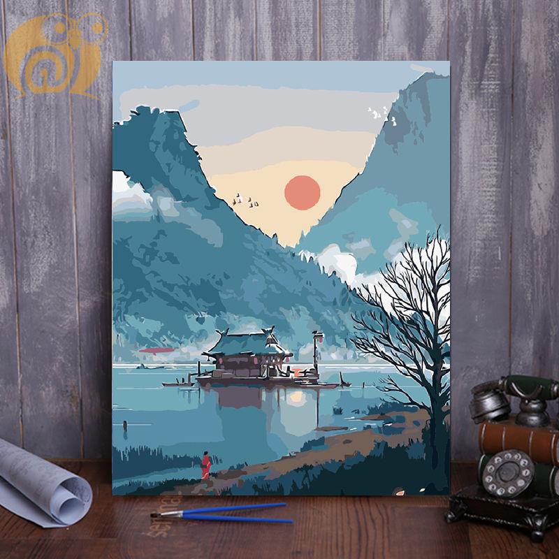 A035 - Boats On The LakeDigital oil painting diy fill Oil painting customized comic scenery character Color painting manual  Decorative painting