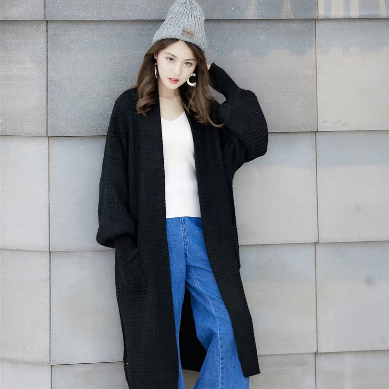 4644实拍新款灯笼袖纯色毛衣外套宽松长款过膝针织毛线大衣