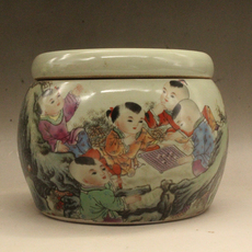 Горшок 清同治粉彩童子下棋图案蛐蛐罐 古玩瓷器 古董摆件 做旧瓷器收藏