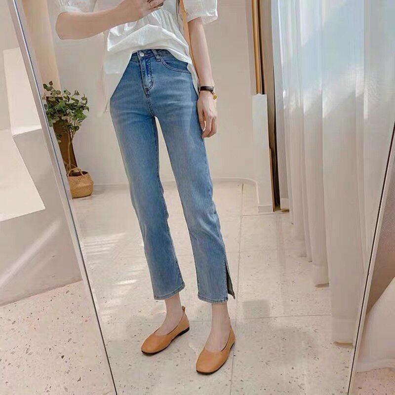 Azul claro abierto tubo de humo recto jeans mujer verano 2022 slim nuevo talle alto pantalones pequeños
