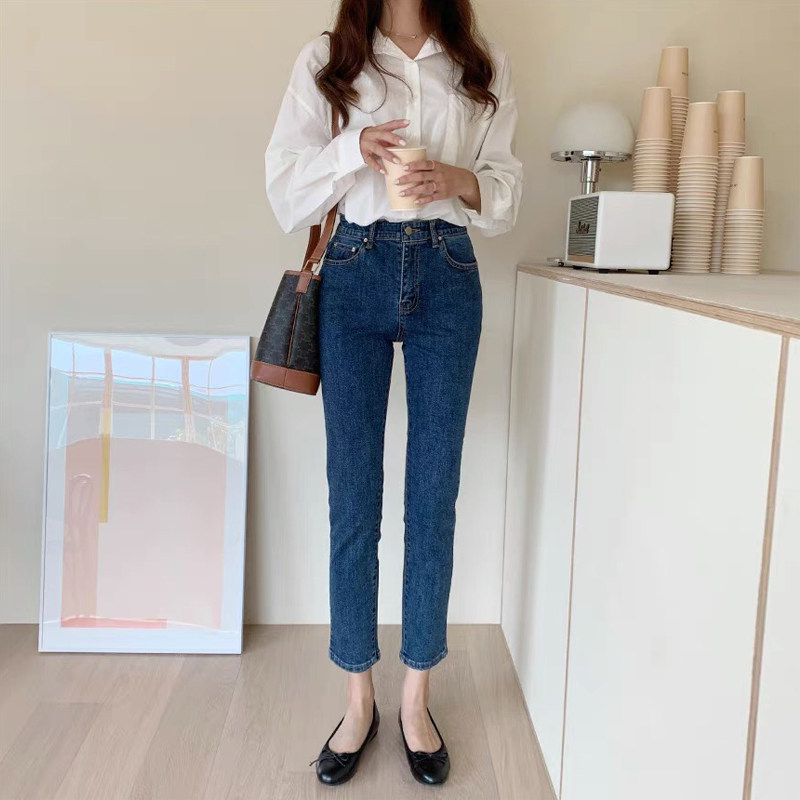 Dark blue French skinny skinny jeans for women 2022 summer, thin new style 9-inch pipe pants for petite women