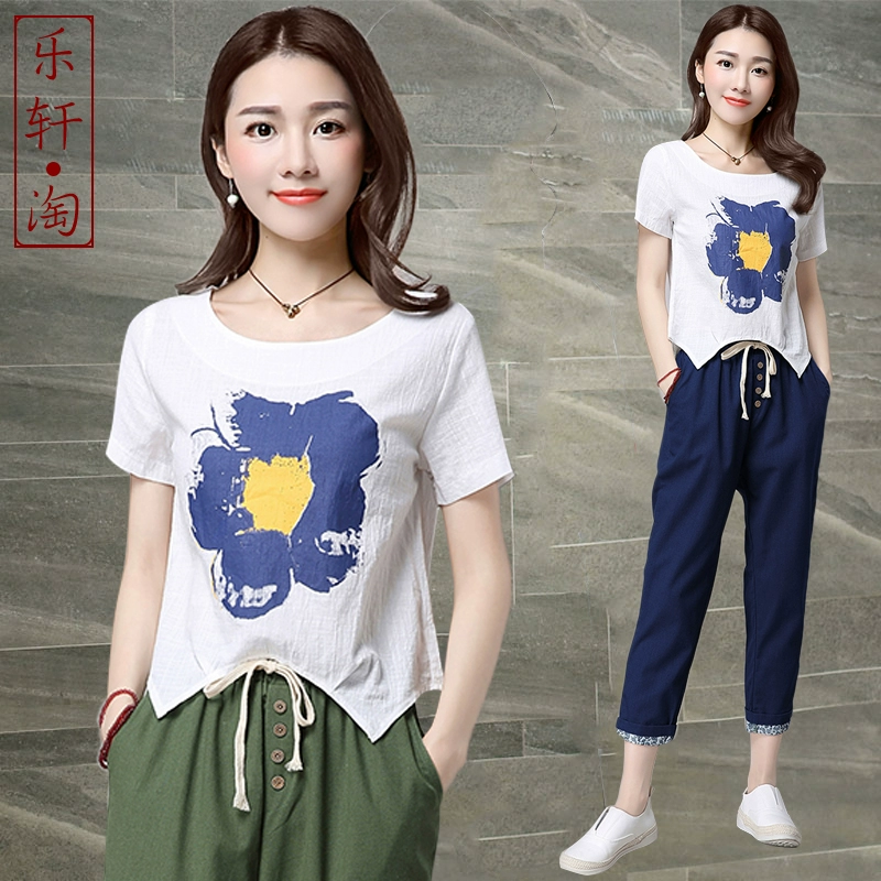 Áo sơ mi cotton và vải lanh văn học nữ 2019 hè mới chạm đáy áo thun ngắn tay áo thun rộng từ bi mỏng nữ lanh - Áo phông áo phông nữ cao cấp