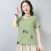 Áo thun cotton và vải lanh cỡ lớn cho nữ 2019 hè mới thêu hoa retro quốc gia nút gió ngắn tay áo sơ mi nữ - Áo phông áo thun tay lỡ Áo phông