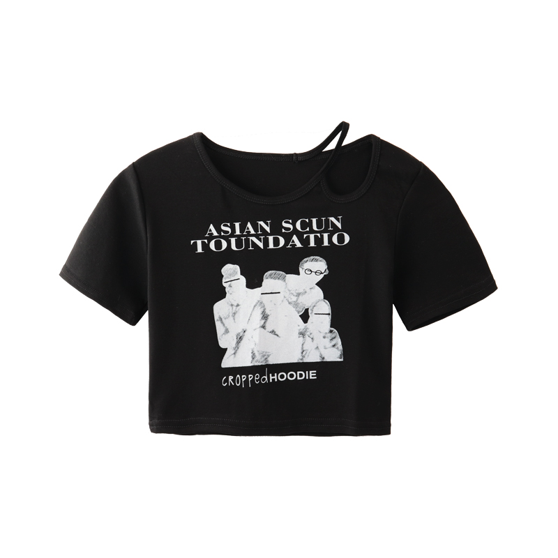Black T-shirthave cash less than that is registered in the accounts Short sleeve T-shirt female 2021 summer new pattern American style Retro Self cultivation Scheming Hollow out hottie ins tide jacket