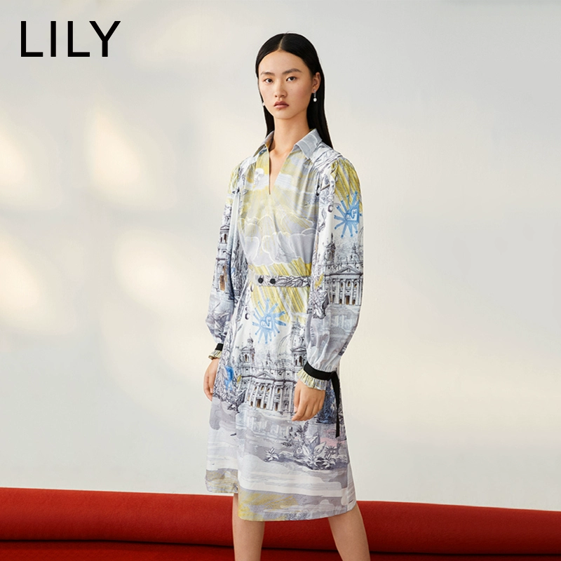 LILY2020 mùa xuân mới của phụ nữ băng quấn cổ tay áo dài in giữa lưng cao 120100C7250 - Váy eo cao