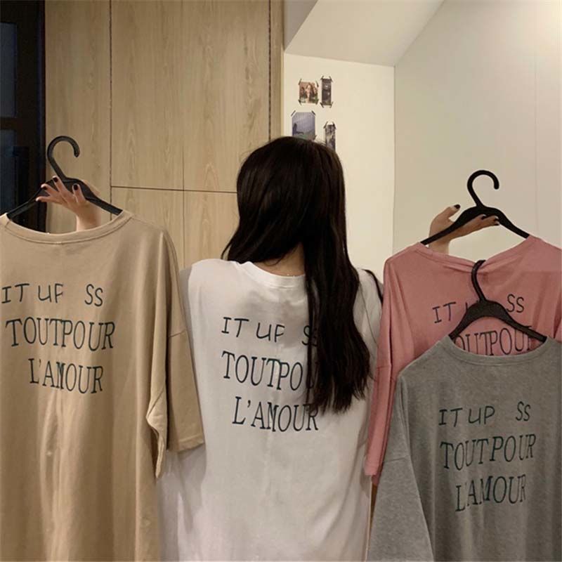 Greysummer new pattern T-shirt Lazy wind letter printing Medium and long term Short sleeve female Korean version student easy Harajuku jacket