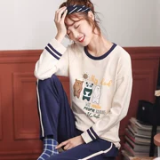 Bộ đồ ngủ cotton mùa xuân và mùa thu dài tay nữ phiên bản Hàn Quốc của bộ đồ cotton dày và tươi mát dành cho học sinh