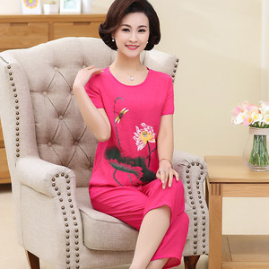 Mẹ mùa hè phù hợp giữa và cũ của phụ nữ tuổi in bông và vải lanh hai mảnh trung niên 40-50 tuổi lỏng lớn kích thước đồ ngủ