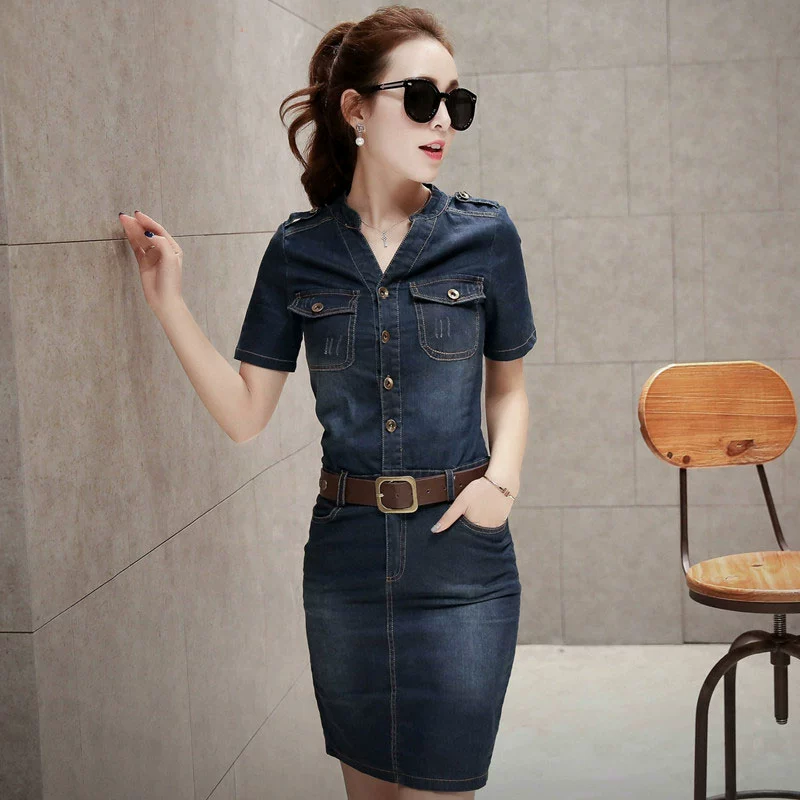 Mùa hè mới thời trang Hàn Quốc thời trang trung niên 2021 váy nữ ngắn tay túi mỏng hông denim cộng với váy a-line cỡ lớn - A-Line Váy