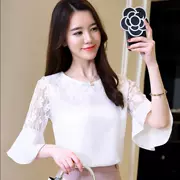 Áo voan ren nữ tay ngắn 2019 xuân hè mới cho nữ diện áo rộng size nhỏ sơ mi phong cách hoang dã - Áo sơ mi chiffon ren