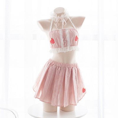 七了个三 日系少女草莓内衣居家睡衣软妹套装清新软萌粉格三件套-淘宝网