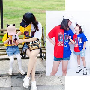Quần áo trẻ em cha mẹ và con nạp 2018 mùa hè mới ngắn tay Hàn Quốc phiên bản của sự tương phản màu vá in bông T-Shirt mẹ nữ mẹ và con