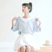 Cotton và vải lanh ngắn tay sọc hai dây giả nữ mùa hè Nhật Bản văn học năm điểm tay áo nhỏ tươi đa năng áo sơ mi nữ - Áo sơ mi