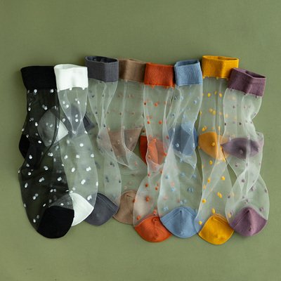 (下单立减5元起)靴下物堆堆袜复古波点短袜透明玻璃丝袜春夏袜子