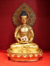 Изображения Будды, Статуи божества 尼泊尔进口39厘米手工紫铜鎏金工艺阿弥陀佛铜器摆件工艺品