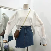 H 02 vòng cổ áo thun phần mỏng thoáng khí thoải mái áo sơ mi dài tay lỏng rắn màu hoang dã Hàn Quốc phiên bản của rỗng T-Shirt nữ triều