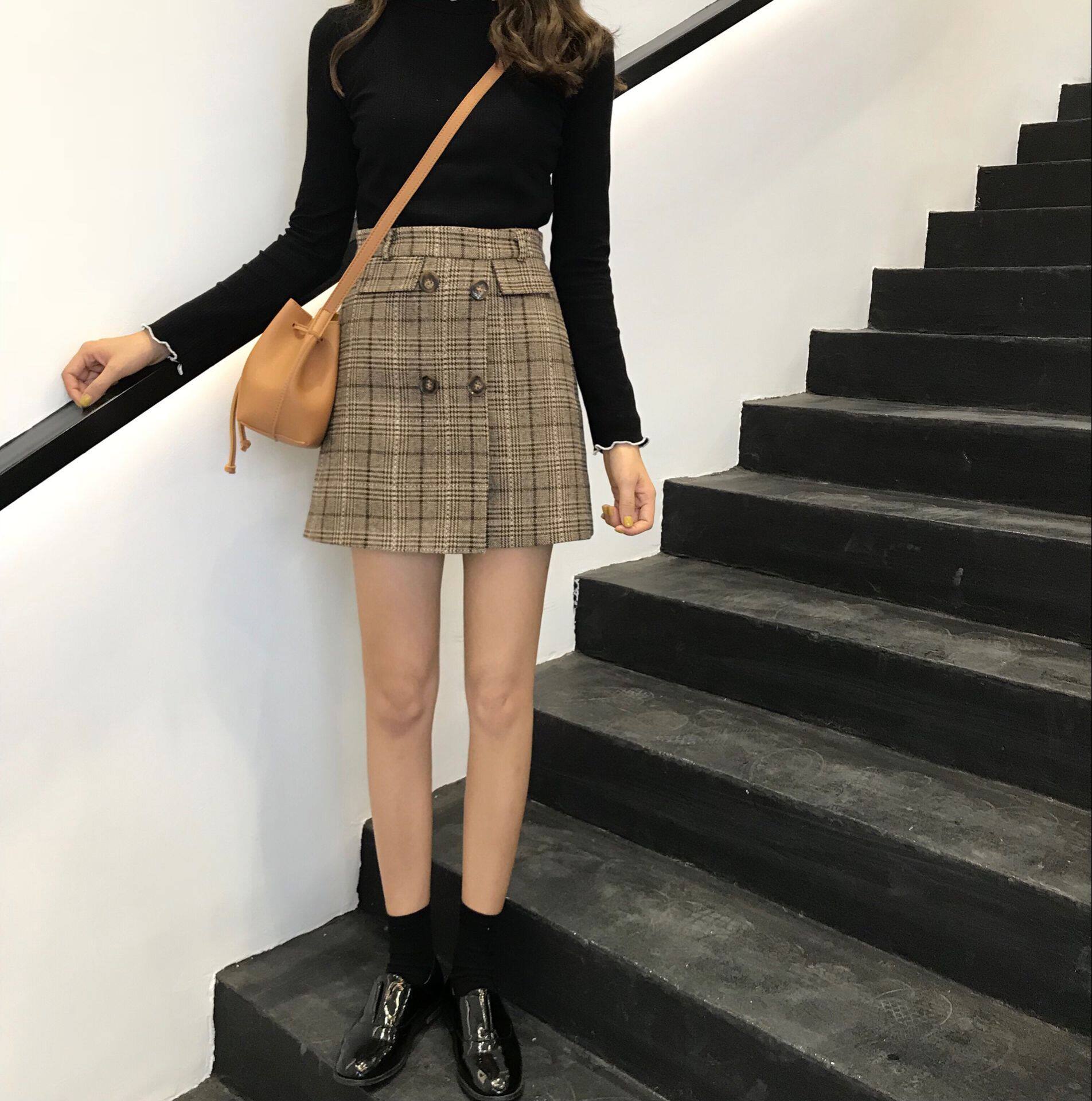 实拍9021#英伦风格子半身裙两色入