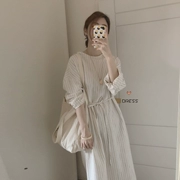 [BP] Hàn Quốc INS thiết kế tối giản lười biếng lỏng dọc sọc tie eo dress