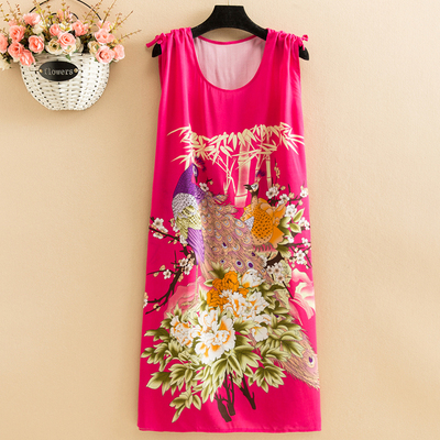 28Fat mm Big size pajamas female summer Nightdress poplin  Medium and long term easy Thin middle age female robe camisole Over the knee vest