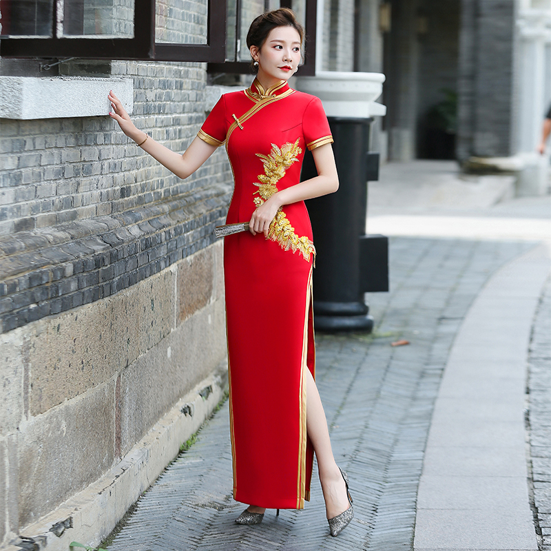 Red cheongsam, elite long elegant suit, 2023 collection, plus size