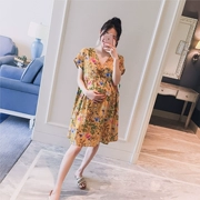 Thai sản mặc 2018 mùa hè mới Hàn Quốc phiên bản của v- cổ có thể được vú- in hoa dây thắt lưng băng thông lỏng một phiên bản của phụ nữ mang thai ăn mặc