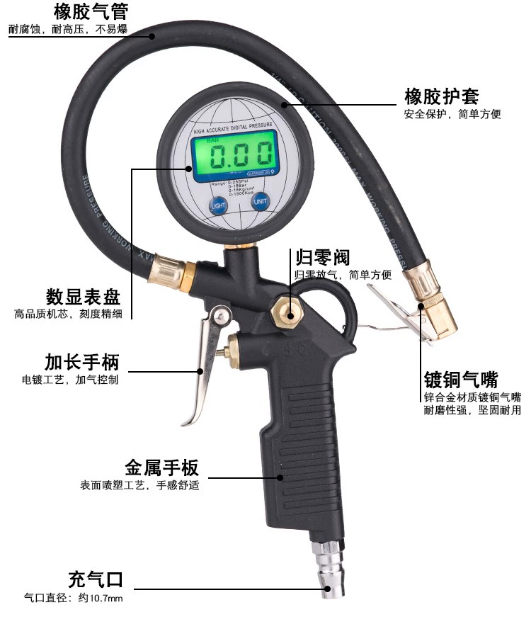 Máy đo áp suất lốp VIFU, máy đo áp suất không khí, máy đo áp suất lốp bơm hơi có độ chính xác cao, màn hình hiển thị kỹ thuật số, máy đo áp suất lốp, súng hơi đo áp suất lốp đo áp suất lốp ô tô 