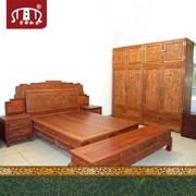Huang Ze Burmese giường đôi bằng gỗ hồng + bàn đầu giường + tủ quần áo hàng đầu hộp gỗ gụ kết hợp phòng ngủ - Bộ đồ nội thất