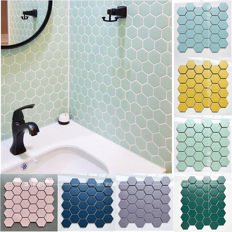 蓝色六角陶瓷马赛克 墨绿色六边形瓷砖卫生间浴室墙砖 家装主材 Изображение 1