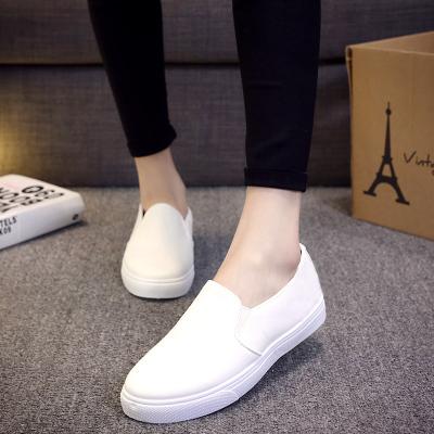 WhiteKorean version new pattern Women's Shoes Flat heel Thick bottom canvas shoe Kick on Low Gang leisure time Students shoes leather shoes Single shoes White and black