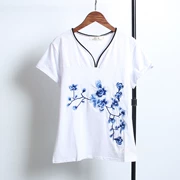 Áo thun thêu gió quốc gia size lớn cho nữ áo thun cotton ngắn tay mùa hè phong cách mới Trung Quốc kiểu áo cổ chữ V thêu từ bi - Áo phông