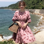 Mùa hè Hàn Quốc phiên bản của phần dài lỏng nhỏ anh đào tươi in nấm đèn lồng ngắn tay búp bê váy là mỏng váy