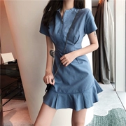 Mùa hè mới eo hoang dã thời trang mỏng màu rắn nhỏ tươi retro chic chic tay ngắn xù váy