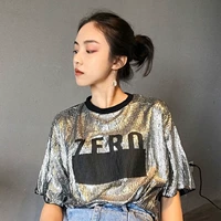 Hồng Kông hương vị retro chic phong cách thời trang hoang dã mỏng kim loại cảm giác chữ màu lỏng ngắn tay T-Shirt áo sơ mi nữ mùa hè áo phông nữ rộng