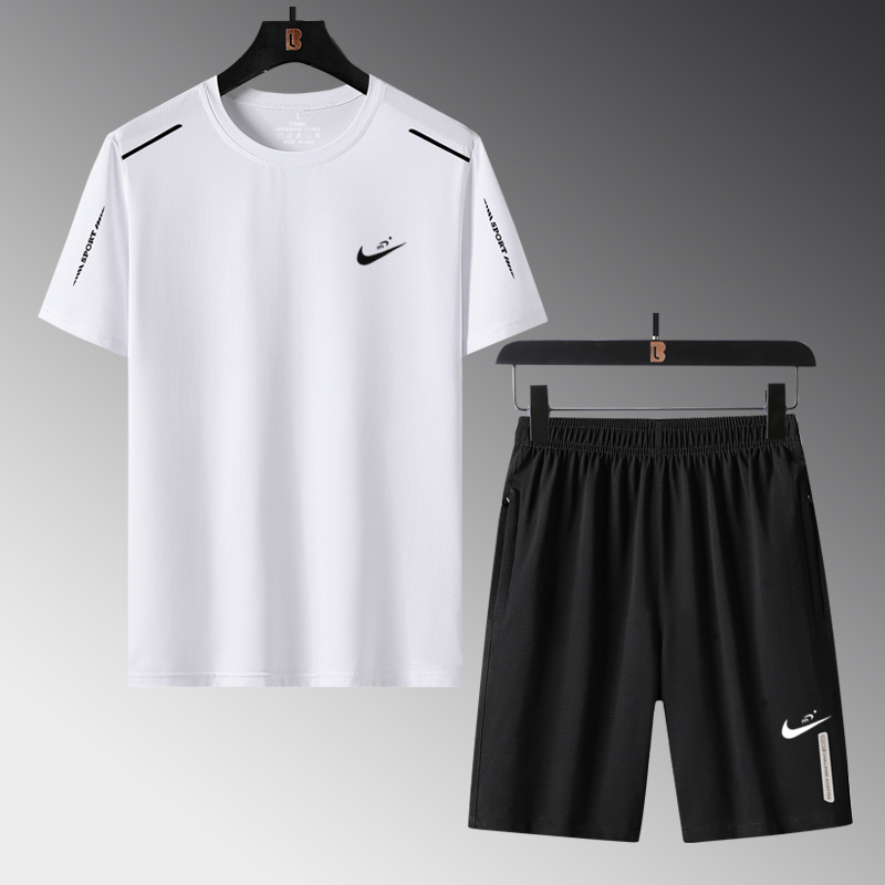 8812 Two Piece White ShortsNike summer Ice silk leisure time Sports suit male run Short sleeve T-shirt Crew neck Quick drying shorts Three piece suit
