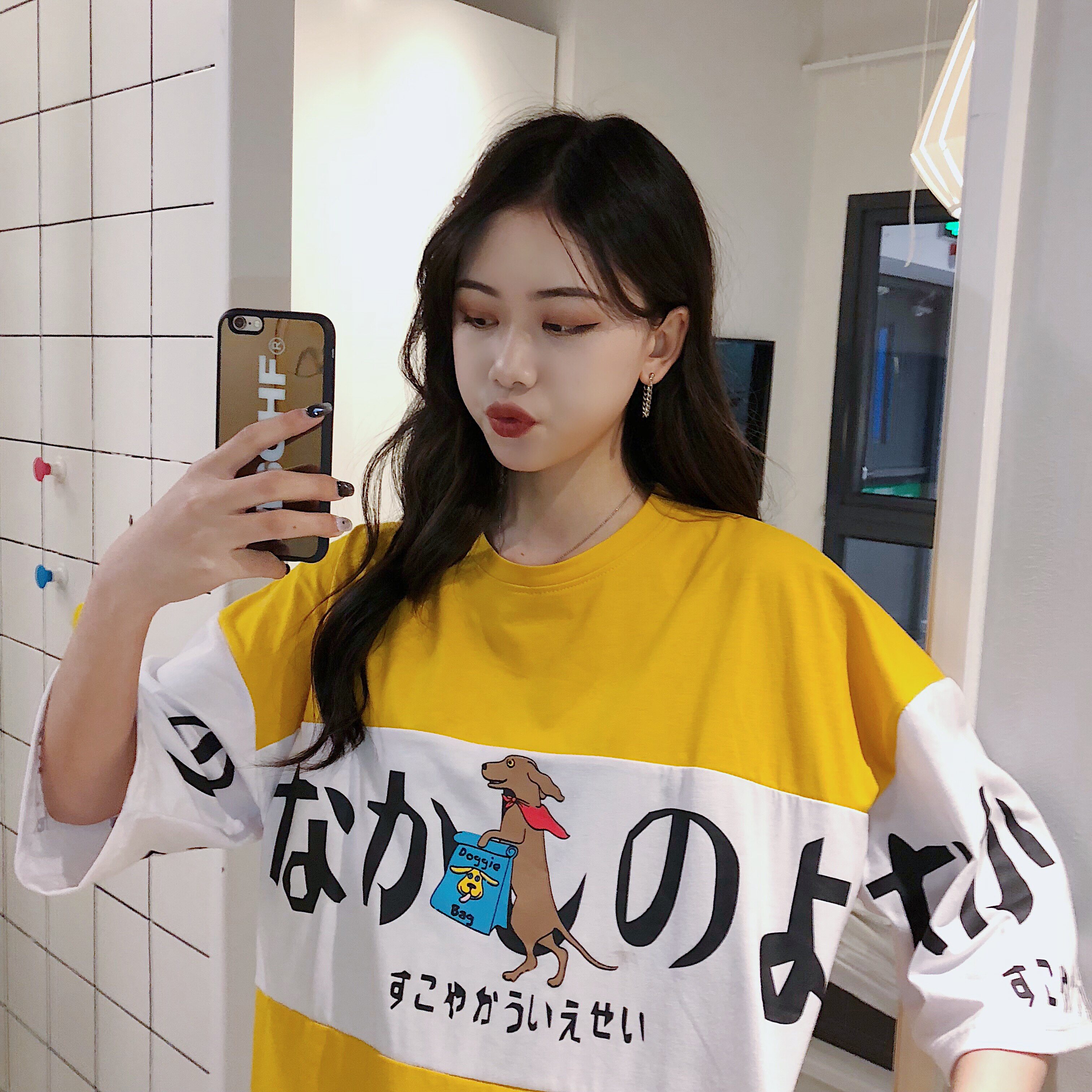 实拍6535拉架棉 2019新款原宿短袖t恤女印花拼色