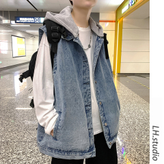 潮牌薄款背心馬甲男春秋季休閒學生新款連帽牛仔外套男拼接帥氣潮