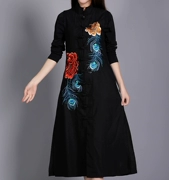 Mùa xuân và mùa thu Nghệ thuật mới Retro Phong cách Trung Quốc Công nghiệp nặng Hoa thêu Kích thước lớn Cotton cardigan Váy dài