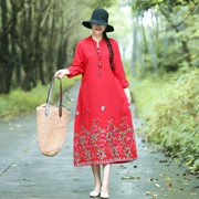 Phong cách quốc gia văn học fan retro thêu tấm nút dài tay phần dài cotton và linen slim dress mùa thu sản phẩm mới