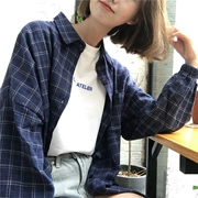 Đông Kawasaki-cho kẻ sọc cổ điển nhỏ đặc biệt tay áo thiết kế loose slim túi chia mùa thu dài tay áo sơ mi nữ