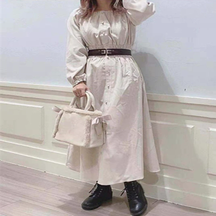 Miễn phí vận chuyển Nhật Bản mỏng mới mùa thu của phụ nữ eo đàn hồi đơn ngực trên đầu gối váy dài ngọt ngào - Váy dài