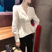 Áo sơ mi nữ mùa thu 2018 mới Hàn Quốc khí chất eo thon eo dài tay áo sơ mi ngắn cổ chữ V sơ mi dài tay