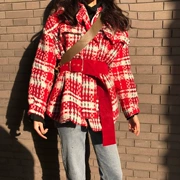 Mùa đông phiên bản mới của Hàn Quốc chic retro lười gió lỏng áo len dày houndstooth áo len nữ với thắt lưng