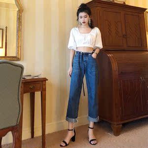 2018 new quảng trường cổ áo ngắn phần rốn áo sơ mi cao eo là mỏng và mỏng thẳng chín jeans thời trang phù hợp với nữ