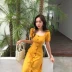 Hồng Kông hương vị retro chic đầu mùa thu 2018 new slim quảng trường cổ áo đơn ngực dress solid color ngắn tay dài váy nữ Váy eo cao
