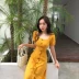 Hồng Kông hương vị retro chic đầu mùa thu 2018 new slim quảng trường cổ áo đơn ngực dress solid color ngắn tay dài váy nữ 	váy trắng rút eo	 Váy eo cao