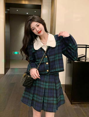 taobao agent Winter set, woolen coat, advanced pleated skirt, plus size, french style, internet celebrity, Chanel style, high-quality style, three piece suit